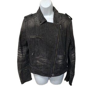 Jessica Simpson Moto Jean Jacket Jr XL Black Distressed Cropped Denim Zippers